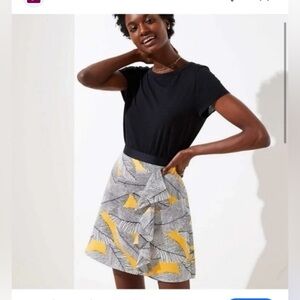 LOFT A-Line Skirt Women Multicolor‎ Ruffled Front Leaf Pattern Size 6 Yellow NEW